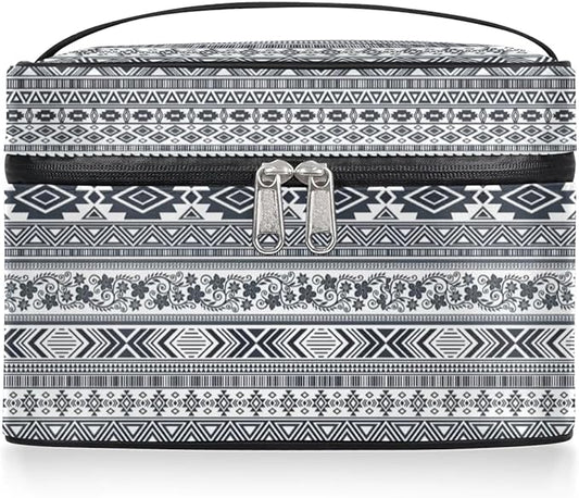 Large Makeup Bag Travel Cosmetic Bags for Women Grey Vintage Boho Geometric Chevron Aztec Makeup Organizer Case Toiletry Bag for Girls Traveling Wide Open Portable Pouch with Handle