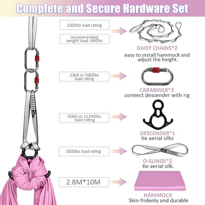 Aerial Silks Kit & Aerial Yoga Hammock - 11Yd Premium Fabric Hardware - Easy Setup for Flying Yoga, Aerial Swing & Fitness - Supports Up to 14ft Rigging