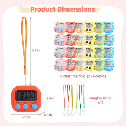 12 PCS Bulk Digital Timer, Timers for Classroom, On/Off Switch Minute Second Countdown Big LCD Display Timer, Loud Alarm for Exercise Cook Baking Teacher