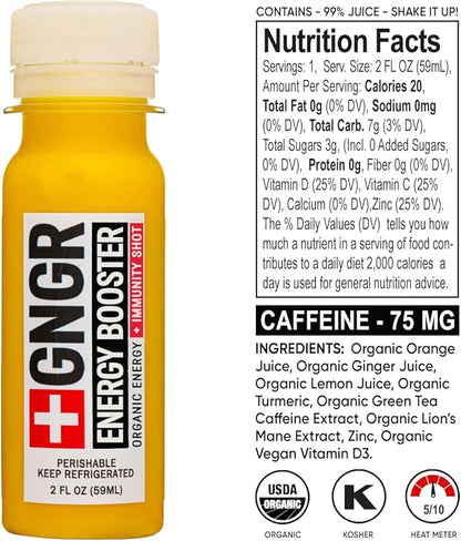 '+GNGR Energy Booster & Immunity Shot, Cold-Pressed Ginger Shots with Lions Mane, 75mg of Natural Caffeine Green Tea, Turmeric Root, Vitamin D & Zinc for All Natural Immune Support (2 Oz, Pack of 12)