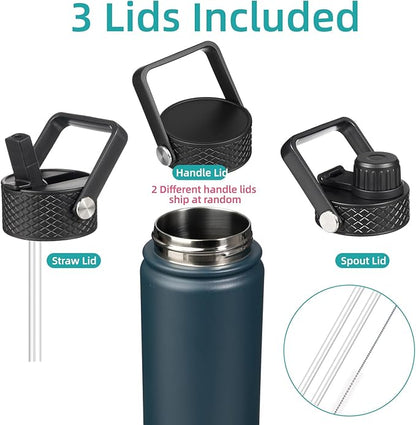 Insulated Water Bottle 24oz Stainless Steel Sport Bottles with 3 Lids,Navy Blue