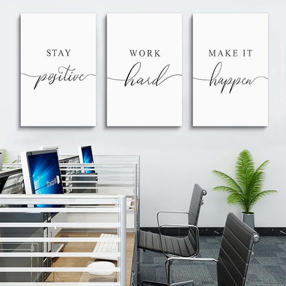 Framed Canvas Wall Art Positive Quotes Painting, Office Wall Art, white Large Poster, Positive Motivational Set of 3 Prints, work hard letters, Inspirational Wall Decor Prints (G-3pcs,24x36inchx3pcs)