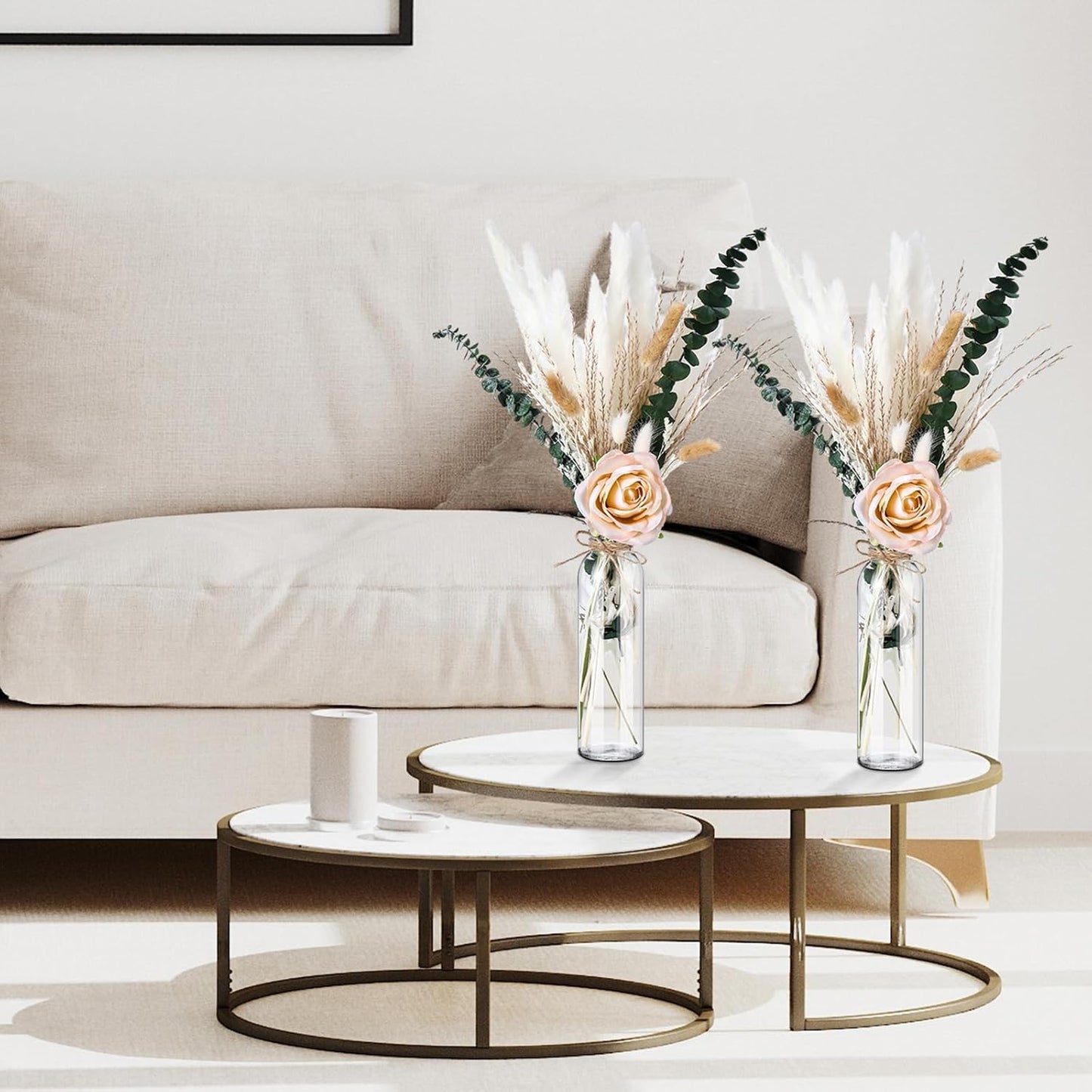 10 Set Dried Pampas Grass Centerpiece for Wedding 10 Clear Glass Jars 10 Artificial Roses 80 Dried Pampas Grass with Rope for Baby Shower Rustic Bridal Party Farmhouse Decoration (Champagne)