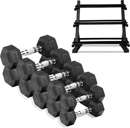 Ritafer 6-10 Pair Hex Rubber Dumbbell Set 350/450 and 550 lbsï¼?-50 lbs ）Hand Free Weight for Strength Coated Encased Iron Weights with Dumbbells Storage Rack Home Gym