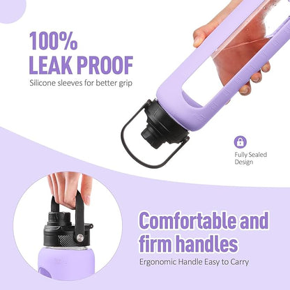 Kodrine Water Bottle with Straw, 24 oz Glass water Bottle with 2 Lids Bamboo Straw Lid and Spout Lid with Handle, 32 oz Clear Water Bottle Glass for Sports Travel, Waterbottle with Time Marker