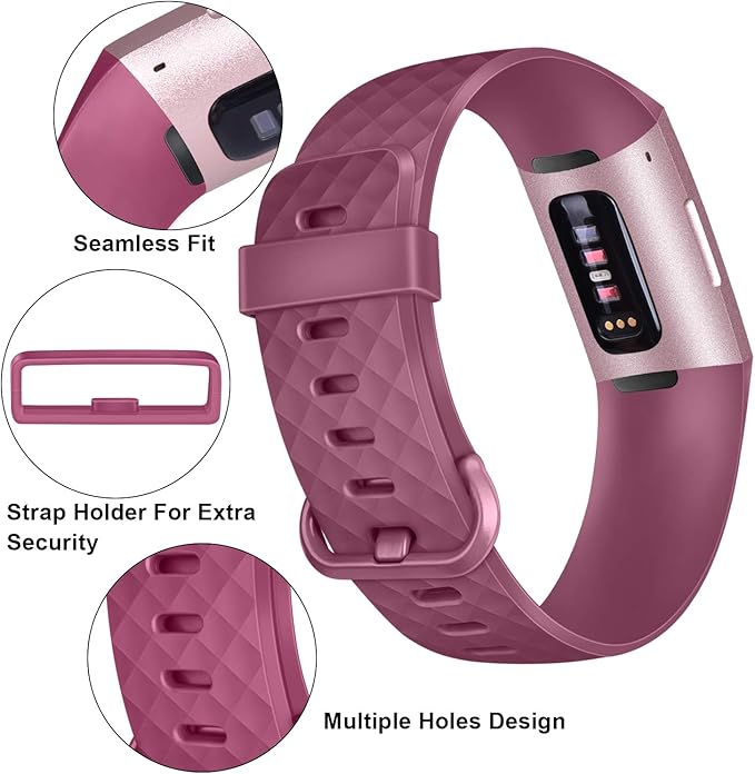 PACK 3 Silicone Bands for Fitbit Charge 4 / Fitbit Charge 3 / Charge 3 SE Replacement Wristbands for Women Men Small Large(Without Tracker) (Small: for 5.5"-7.1"wrists, Black+Navy Blue+Wine Red)