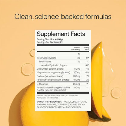Gainful Hydration + Caffeine Powder Packets with Key Electrolytes Magnesium & Sodium + L Theanine, Low Sugar Drink Mix, Tropical Mango, 21 Sticks