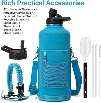 Insulated Water Bottle | Thickened Stainless Steel for Gym and Hiking with Straw, Carrier Bag, Handle Strap | BPA-Free 87 oz
