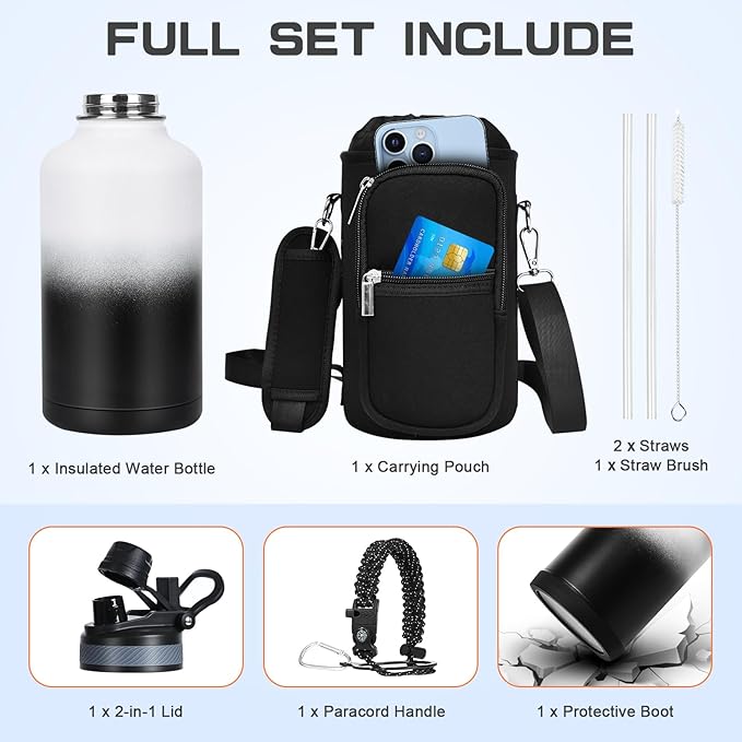 Insulated Water Bottle 64 oz, Half Gallon Water Jug Cold 48H, BPA Free Stainless Steel Bottles with Straw/Chug 2-in-1 Lid, Bag, Paracord Handle, Silicone Boot, Sports Gym School Metal Flask