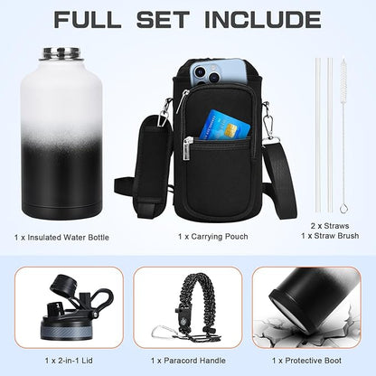 Insulated Water Bottle 64 oz, Half Gallon Water Jug Cold 48H, BPA Free Stainless Steel Bottles with Straw/Chug 2-in-1 Lid, Bag, Paracord Handle, Silicone Boot, Sports Gym School Metal Flask