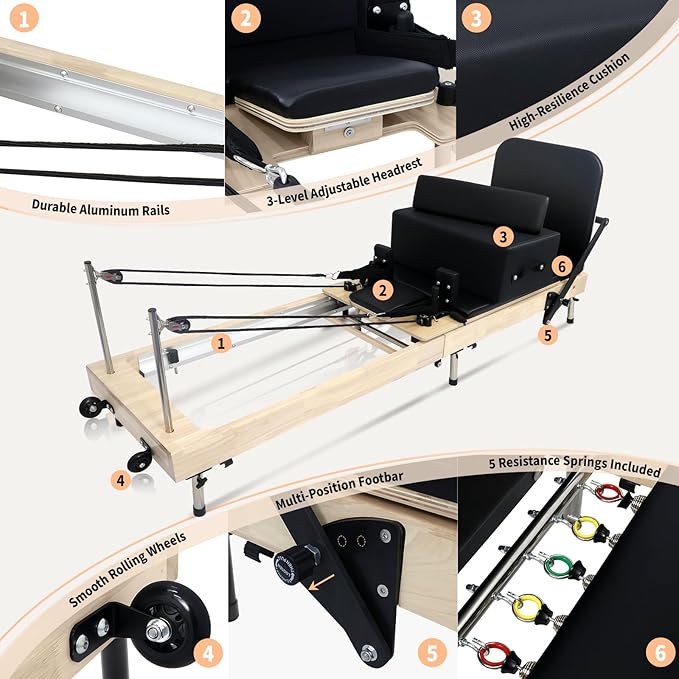 Foldable Pilates Reformer with Sitting Box, Double Jump Boards – Wooden Pilates Reformer Machine with Velvet Straps, German Springs, Smooth Aluminum Rails, Pilates Machine for Home