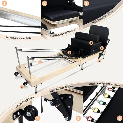 Foldable Pilates Reformer with Sitting Box, Double Jump Boards – Wooden Pilates Reformer Machine with Velvet Straps, German Springs, Smooth Aluminum Rails, Pilates Machine for Home