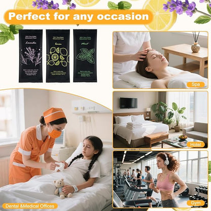 Moist Cotton Towel Bulk Moist Towelettes Individually Wrapped 8.7" x 8.7",White Towel Services,Refreshment Pre Moistened Towels Lavender, Lemon and Mint for Sport Party Spa （pack of 60)