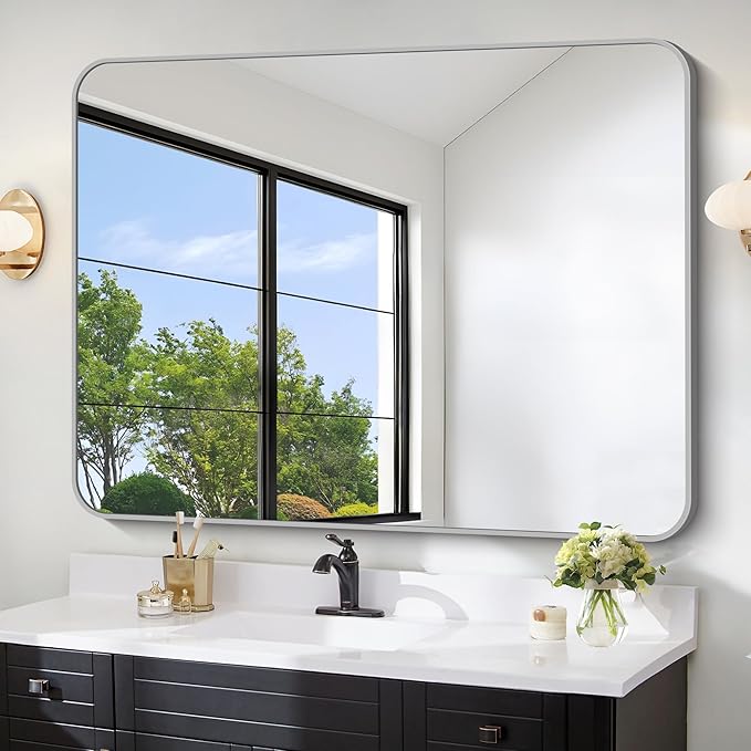 FORBATH 40x48 Inch Silver Bathroom Mirror for Over Sink, Large Rectangular Wall Mirror with Metal Frame, Rounded Corners for Bathroom, Bedroom, Entryway Decor (Horizontal or Vertical)