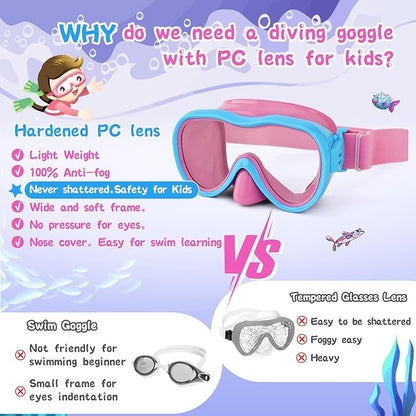Kids Swim Goggles 180° Snorkel Diving Mask with Nose Cover, Anti-Fog Kids Swimming Goggles with Elastic Fabric Strap for Kids Boys Girls