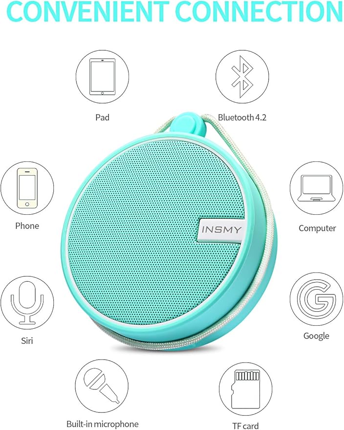INSMY C12 IPX7 Waterproof Shower Bluetooth Speaker, Portable Small Speaker, Speakers Bluetooth Wireless Loud Clear Sound Support TF Card Suction Cup for Outdoor Kayak Canoe Beach Gift (Mint)