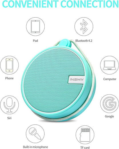 INSMY C12 IPX7 Waterproof Shower Bluetooth Speaker, Portable Small Speaker, Speakers Bluetooth Wireless Loud Clear Sound Support TF Card Suction Cup for Outdoor Kayak Canoe Beach Gift (Mint)