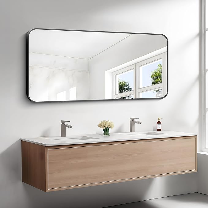 24x48 inch Bathroom Mirror,Black Rectangle Mirror,Wall Mounted Bathroom Frame Vanity Mirror with Round Corner for Bedroom Living Room, Entryway Hangs Horizontal or Vertical