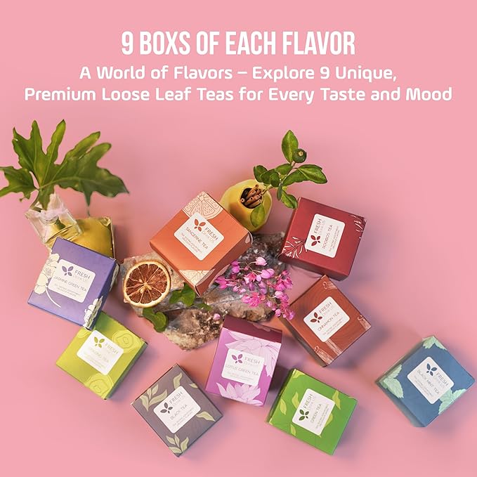 FreshDrinkUS, Premium 90 Tea Bags Sampler Assortment, 9 Different Flavors, 100% Natural Ingredients, Perfect and Well Combination Tea Gift for Tea Lovers, Friends and Family. No Additives, No Gluten, No Sugar, Vegan