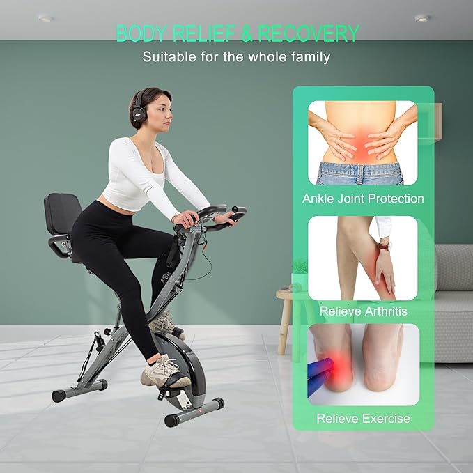 BARWING Stationary Exercise Bike for Home Workout, 5 IN 1 Foldable Indoor Cycling Bike for Seniors, 350LB Capacity, 16-Level Magnetic Resistance, Seat Backrest Adjustments