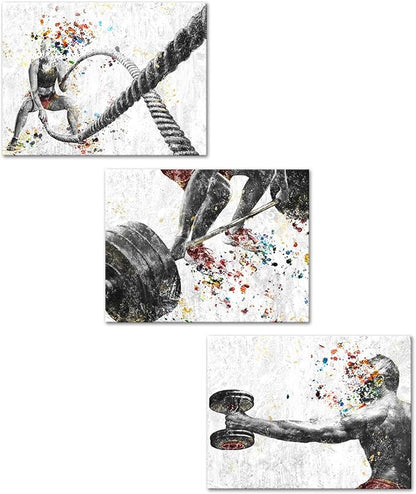 KREATIVE ARTS 3 Pieces Fitness Gym Canvas Wall Art - 12"x16" Framed Workout Prints with Weightlifting, Dumbbell, Barbell & Fitness Rope Motifs, Black & White Sport Painting, Home Gym Decor