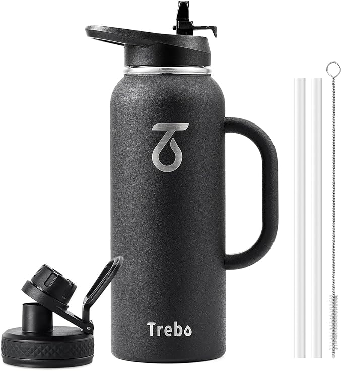 Trebo 40oz Water Bottle Insulated with Handle, Stainless Steel Metal Large Jug,Travel Flask with Straw Spout Lid,Mug Tumbler Cup with Carry Pouch,Keep Cold Hot, Indigo Black