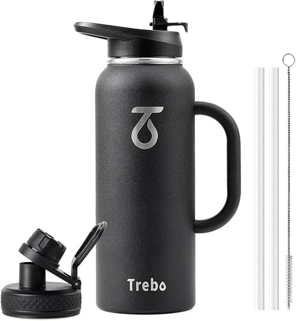 Trebo 40oz Water Bottle Insulated with Handle, Stainless Steel Metal Large Jug,Travel Flask with Straw Spout Lid,Mug Tumbler Cup with Carry Pouch,Keep Cold Hot, Indigo Black