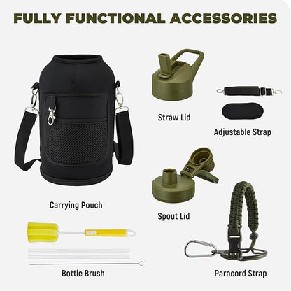 Half Gallon Insulated Water Bottle, 64 oz Triple Wall Stainless Steel Flask, Keeps Drinks Cold for 48 Hrs Leak-Proof & BPA-Free Half Gallon Jug with Paracord Handle, Straw & Spout Lids(Army Green)