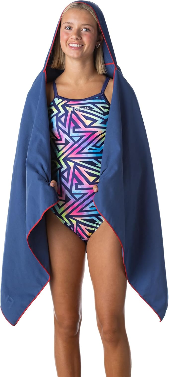 Flow Hydro Sport Towel - Microfiber Quick Dry Swimming Towels for Swim, Pool, Triathlon, and Other Water Sports in Medium, Large, Extra Large, and Hooded Sizes (Navy, Large w/Hood)