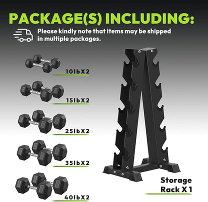 Hex Dumbbell Sets with Rack, 60-550 lb Rubber Encased Exercise & Fitness Dumbbells Set with Rack Option, Hand Weight for Strength Training, Weight Dumbbells