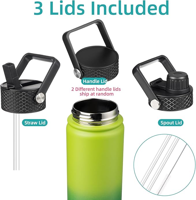 Insulated Water Bottle 24oz Stainless Steel Sport Bottles with 3 Lids,Bamboo Grove