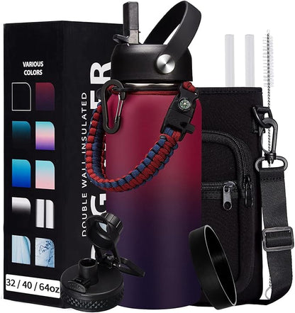 32OZ Insulated Water Bottle with Straw - Spout Lid, Sweat-Proof & BPA-Free Metal Reusable Water Bottles, Wide-Mouth Vacuum Insulated Bottle with Paracord Handle, Bottle Sleeve Bag & Protective Boot