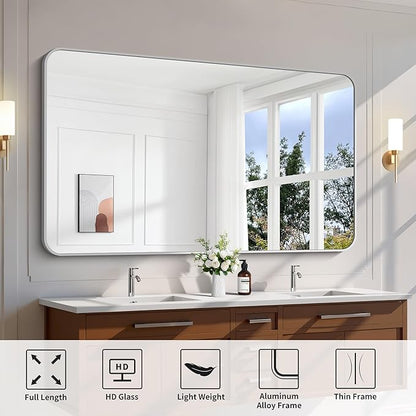 FORBATH 60x36 Inch Silver Bathroom Mirror for Over Sink, Large and Wide Rectangular Wall Mirror with Metal Frame, Rounded Corners for Bathroom, Bedroom, Entryway Decor (Horizontal or Vertical)