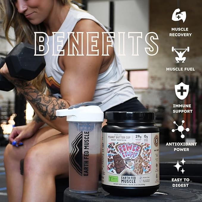 Earth Fed Muscle Power Couple Peanut Butter Chocolate Truly Grass Fed Whey Protein Isolate - NSF-Certified. No Artificial Ingredients, Soy Free, Gluten Free, Non-GMO & Hormone Free 26 Servings