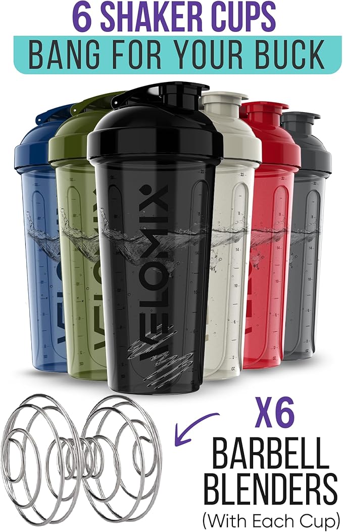 '-6 PACK- Shaker Cups for Protein Shakes 28 oz - 6x Wire Whisk | Leak Proof Protein Shaker Bottle for Protein Shakes, Shaker Bottle Pack for Pre & Post Workout (Stealth Edition)