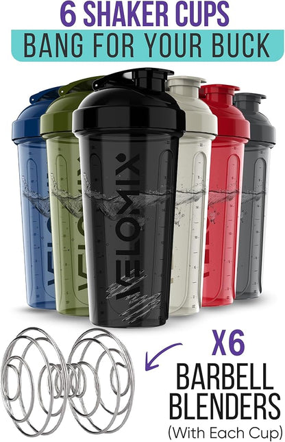 '-6 PACK- Shaker Cups for Protein Shakes 28 oz - 6x Wire Whisk | Leak Proof Protein Shaker Bottle for Protein Shakes, Shaker Bottle Pack for Pre & Post Workout (Stealth Edition)