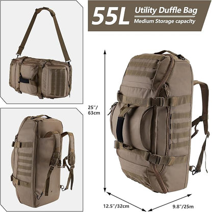 55L Large Duffle Bag, 3-in-1 Tactical Backpack MOLLE Pack for Gym, Sports, Outdoor, Coyote