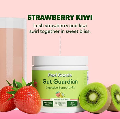 Feel Goods Gut Guardian, Organic Fiber, Probiotic & Prebiotic Powder, Sugar Free, Herbs for Bloat, Gut Health Support, Digestive Health for Men & Women, Non GMO, Vegan, Strawberry Kiwi, 30 Servings