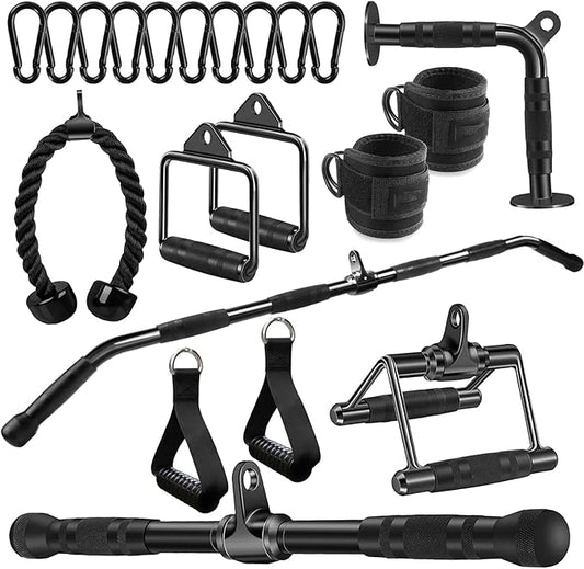 LAT Bar Cable Attachment with Rubber Handgrips, Deluxe Heavy Duty Solid Curl Bar Revolving Hanger Home Gym Cable Attachments
