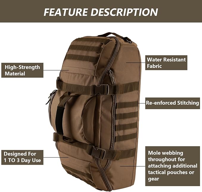 65L Large Duffle Bag, 3-in-1 Tactical Backpack MOLLE Pack for Sports, Gym, Outdoor, Dark Brown