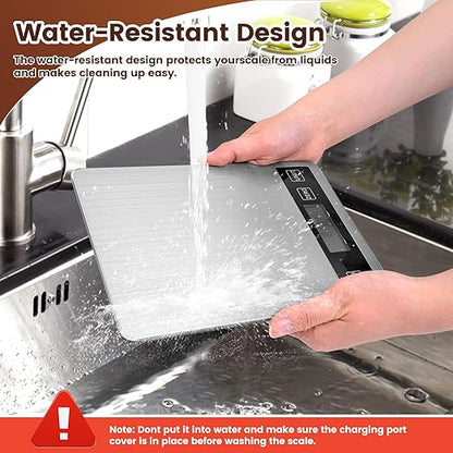 33lb Food Scale, Digital Kitchen Scale Batteries and USB Charging,1g/0.05oz Precise Graduation, Waterproof Stainless Steel with LCD Display Weight Grams and oz for Cooking Baking (Stainless Steel)