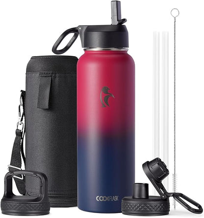 Water Bottle 40 oz Insulated with Straw&Brush, Coolflask Vaccum Stainless Steel Metal 3 Lids Water Flask for Sports, Gym or Office, Keep Cold 48H Hot 24H, Ombre Wine/Navy