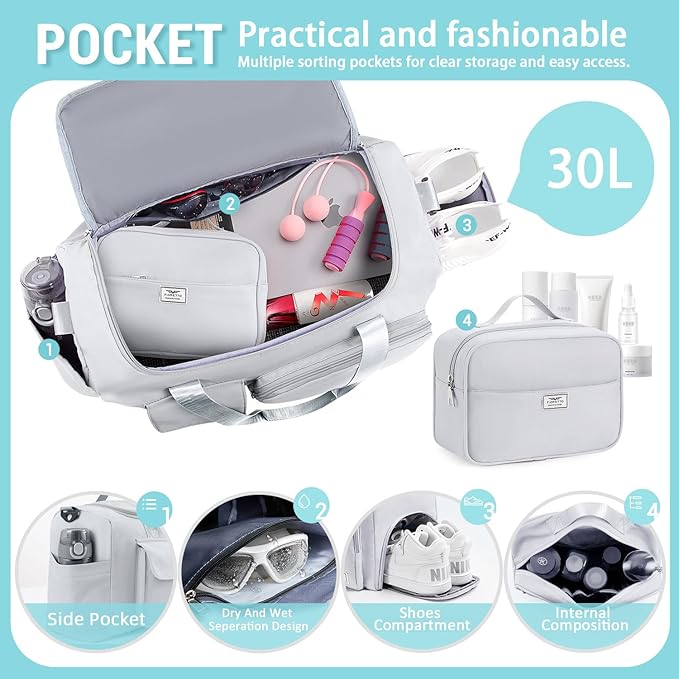 FIORETTO Women's Gym Duffle Bag with Shoes Compartment, 37L Capacity, Ideal for Travel, Gym, Sports, Duffel, Weekender
