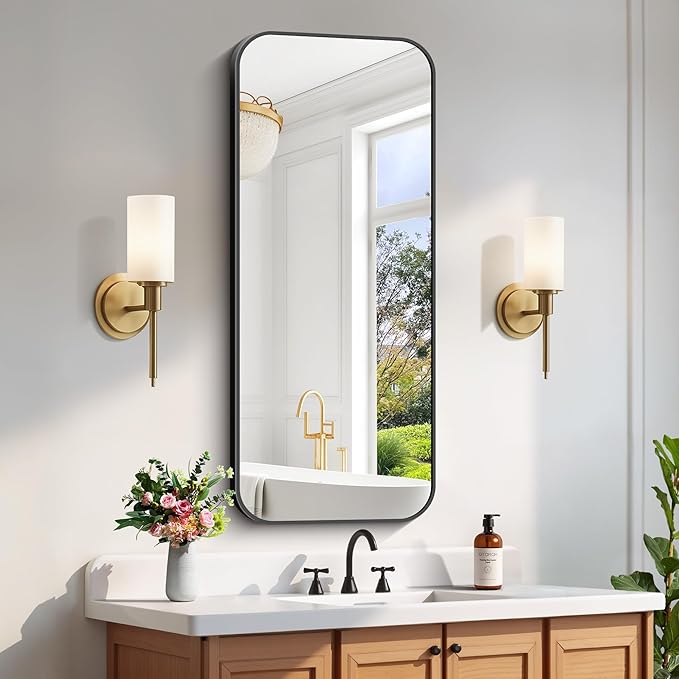FORBATH Bathroom Mirror 20" x 48", Rectangle Black Bathroom Mirror with Black Aluminum Frame Rounded Corner, Wall Mounted Mirror for Bedroom Entryway Living Room