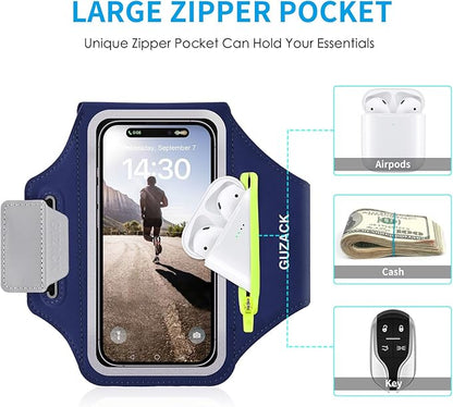 GUZACK Running Armband, Running Phone Holder with Key Pockets & Card Slot for iPhone 15 14 13 12 11 Pro Max Plus, Galaxy S24 S23/S22/S21 Fit Up to 6.9 Inches, Navy Blue Green Zipper