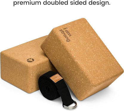Premium Cork Yoga Blocks - Extra Large Yoga Block 2-Pack or Extra Tall 1-Pack for Inflexible Yogis | Natural, High-Density Cork for Superior Support & Stability | Optional Yoga Strap & Gift Box