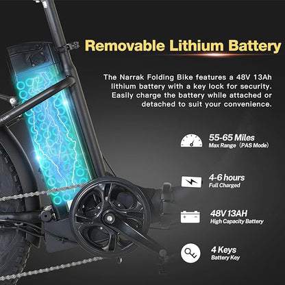 Fat Tire Folding Electric Bike, 48V & 624Wh Lithium Removable Battery, Peak 1100W Brushless Motor, Max Speed 28Mph, M5 Large LCD Display, Suspension, Step-Over/Thru Frame