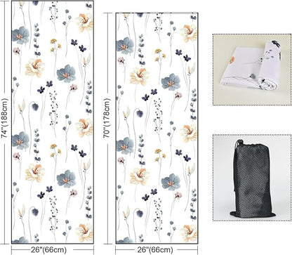 QiyI Floral Yoga Mat Towel with Corner Pockets, Non Slip Sweat Absorbent Hot Yoga Towels, Soft Yoga Blankets with Travel Bag, Mat Cover for Workout, Gym, Fitness - 70"x26", Watercolor Flowers