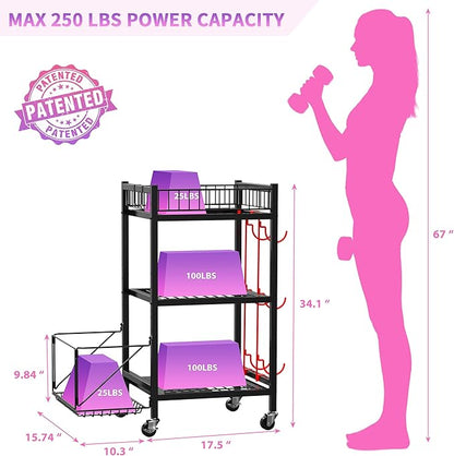 3-Tier Home Gym Storage Rack, Adjustable Yoga Mat Storage Rack, 250LBS Metal Workout Equipment Storage Cart with Large Basket & Lockable Wheels for Mats, Bands, Foam Rollers, Yoga Block