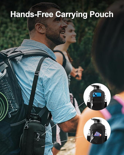 Trebo 64 oz Water Bottle Insulated with Handle, Half Gallon Stainless Steel Metal Large Jug, Travel Flask with Straw Spout Lid, Mug Tumbler Cup with Carry Pouch, Keep Cold Hot, Indigo Black